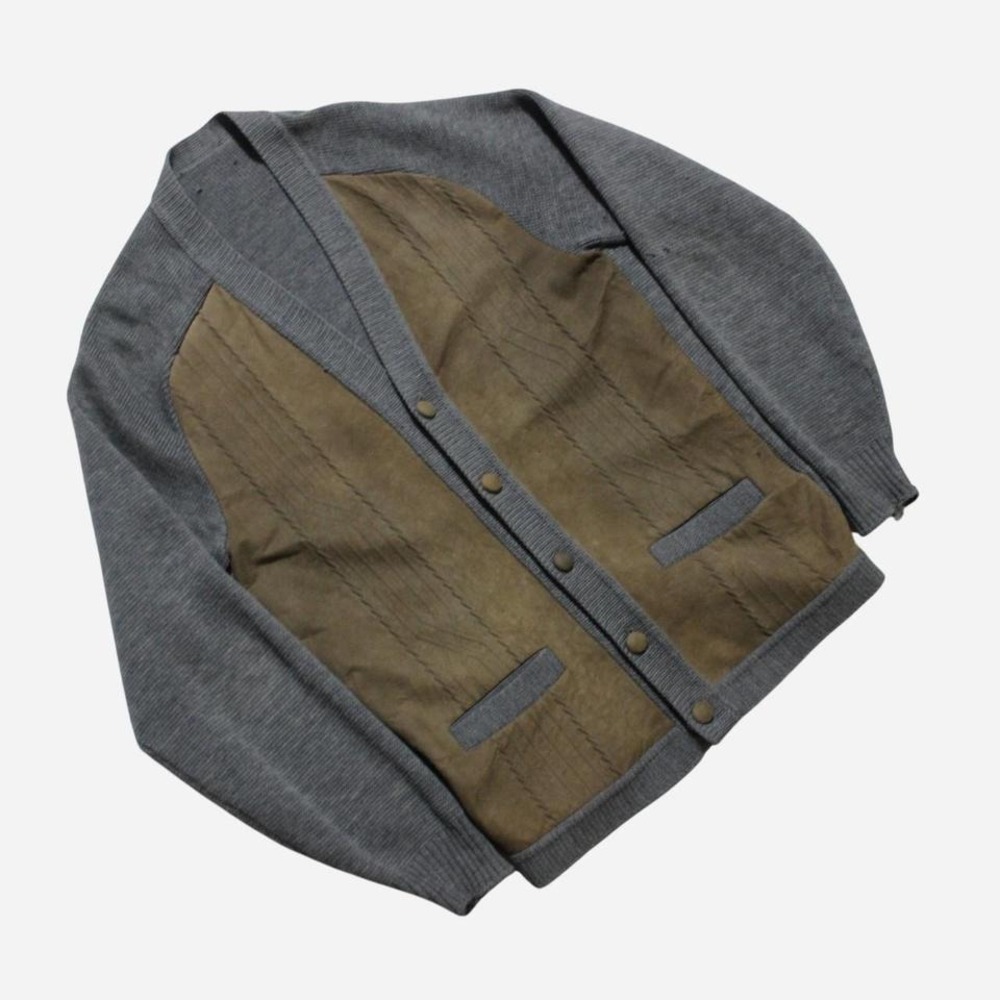 Mens Vintage 90s Wool Blend Suede Detail Grandpa Cardigan